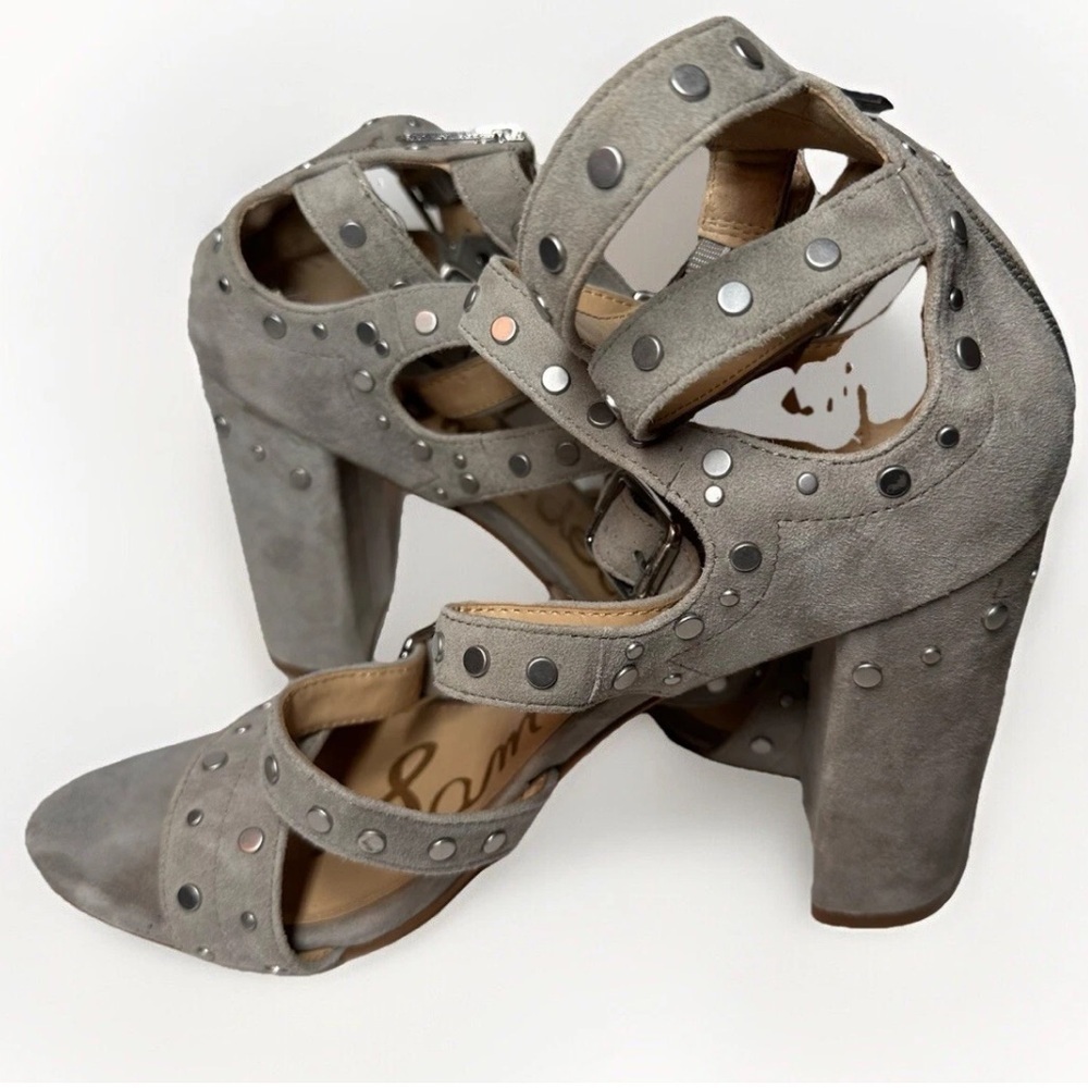 Sam Edelman Sandals Women's 10.5 Gray Suede Studded Gladiator Heels Boho Shoes